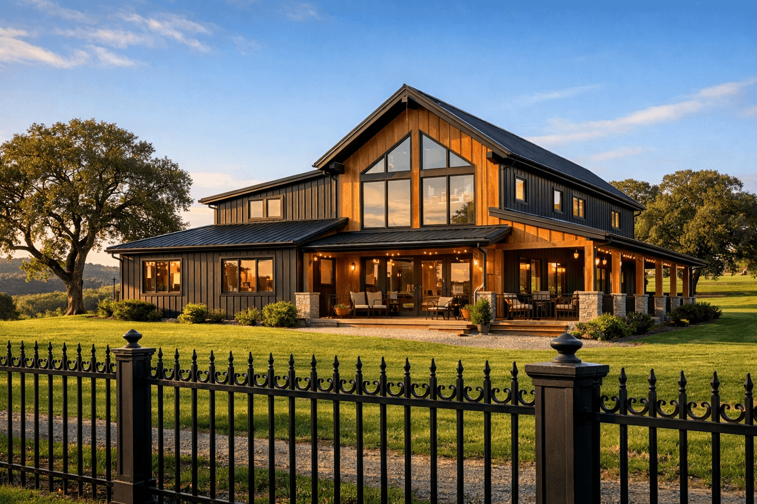 Custom barndominium build at sunset in South Texas